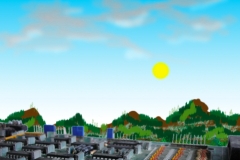 lucht met zon + printplaatlandschap b